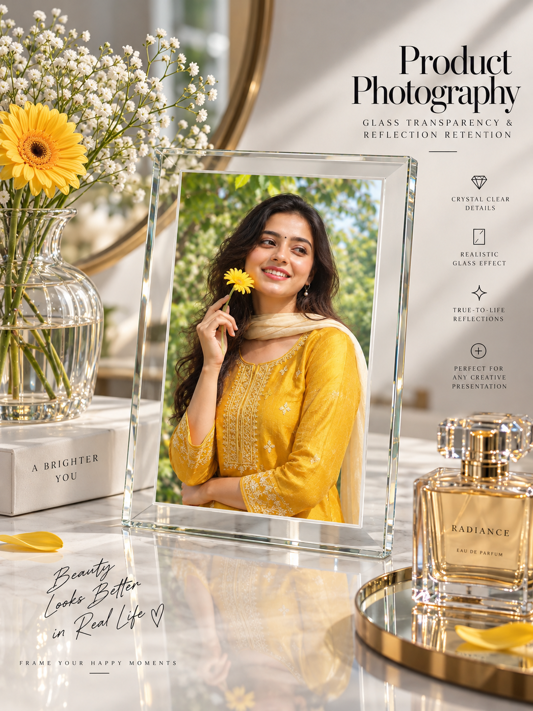 Product photography example demonstrating glass transparency preservation, reflection retention, and material texture accuracy in e-commerce cutout